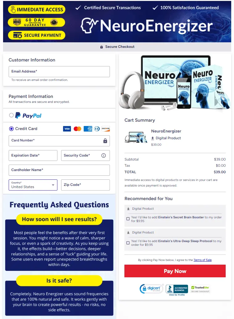 Neuro Energizer Checkout page 